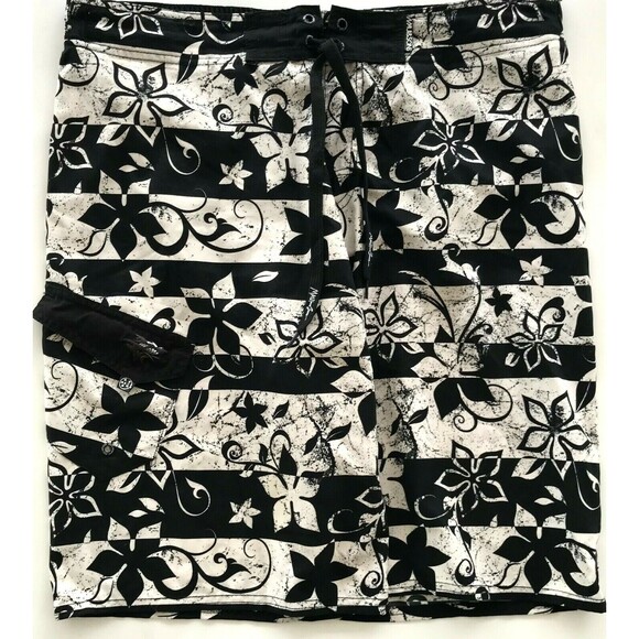 Maui & Sons Swim Trunks Mens Size 34 Black Flowers Board Shorts Bathing Suit - Picture 1 of 12